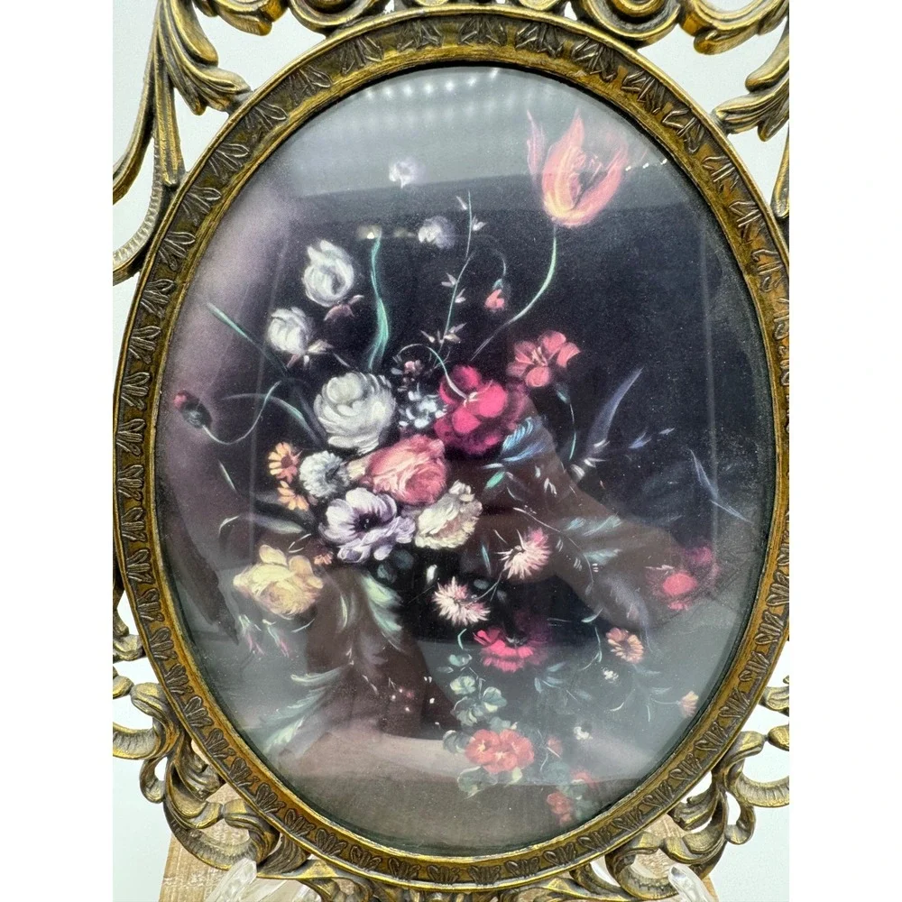 Vintage Italy Brass Ornate Floral Print Oval Frames Convex Glass Set of 2